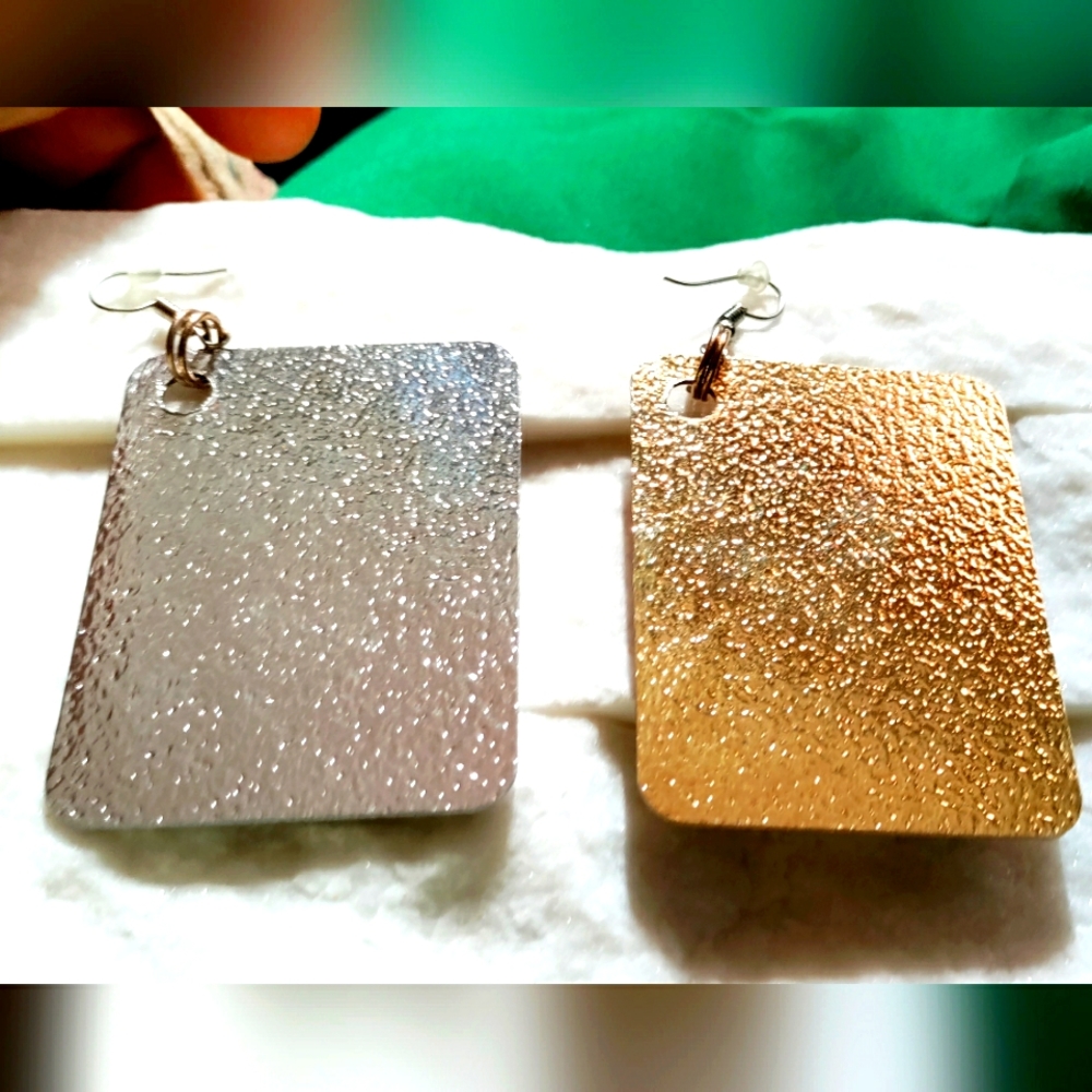 New Handcrafted Metal Gold & Silver Wood Earrings! 2.5" Rectangles & Wood Hearts